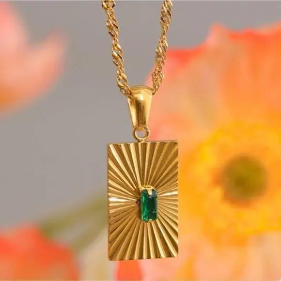 Emerald Green Cubic Zirconia 18K Gold Plated Stainless Steel Pendant Necklace - Picture 9 of 15